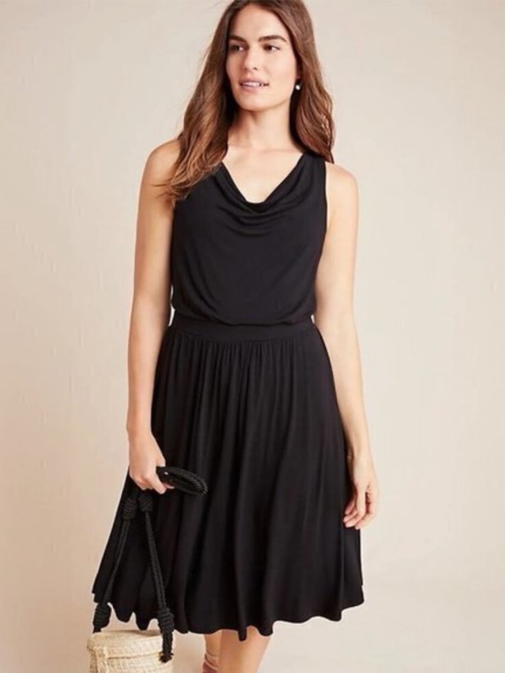 Anthropologie Maeve Brianne Cowl Neck Dress in Black Stretch Jersey Knit Drape